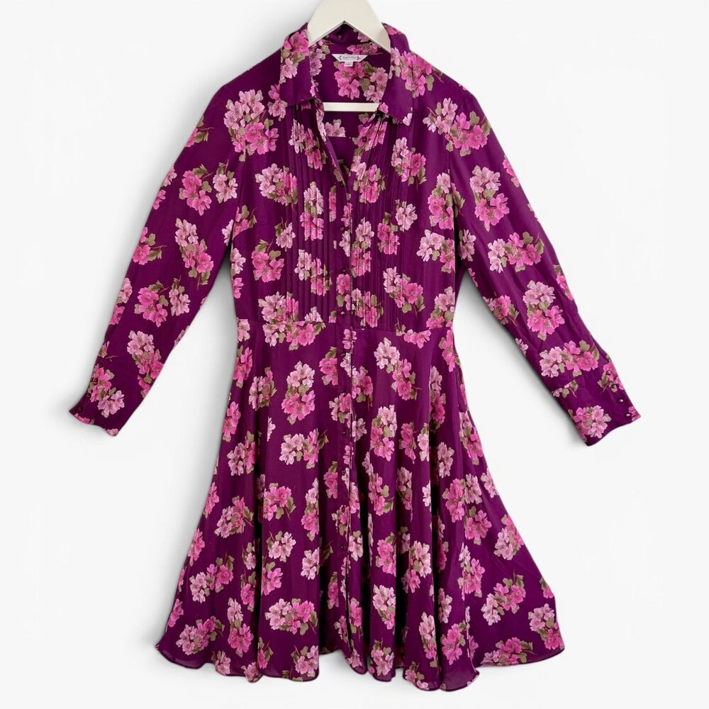 Nanette Lepore Burgundy Floral Button Front Long Sleeve Dress 4 Button Cuff Sz 8 - Picture 1 of 6